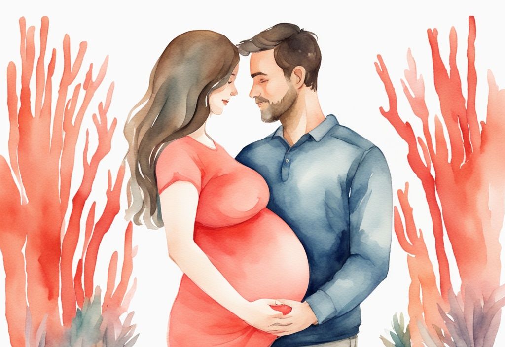 Modern watercolor illustration of a loving couple, man gently holding woman's pregnant belly, both gazing with affection and determination, exploring what makes a man want to have a baby with you, coral color theme.