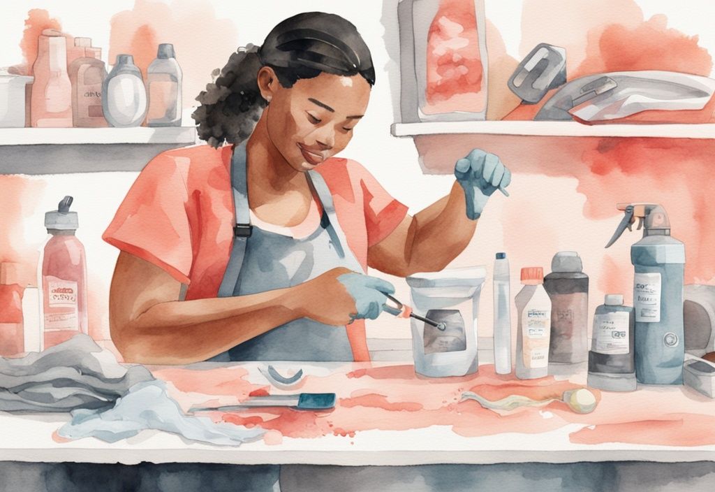 Modern watercolor illustration of a person disassembling a baby Brezza, surrounded by baby-safe cleaning tools, demonstrating how to clean a baby Brezza, with a coral color theme.