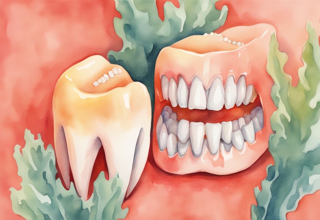 Modern watercolor illustration of a coral-themed set of teeth, featuring a smaller, whiter baby tooth on the left and a larger, slightly yellowish adult tooth on the right, both clearly labeled.