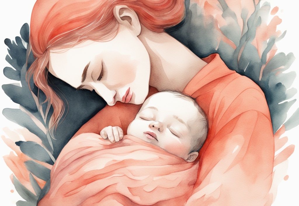 Modern watercolor illustration of a parent holding a sleeping baby, main color coral.