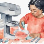 Modern watercolor illustration of a person disassembling a baby Brezza with cleaning tools and baby-safe agents, demonstrating how to clean a baby Brezza, set against a coral color theme.