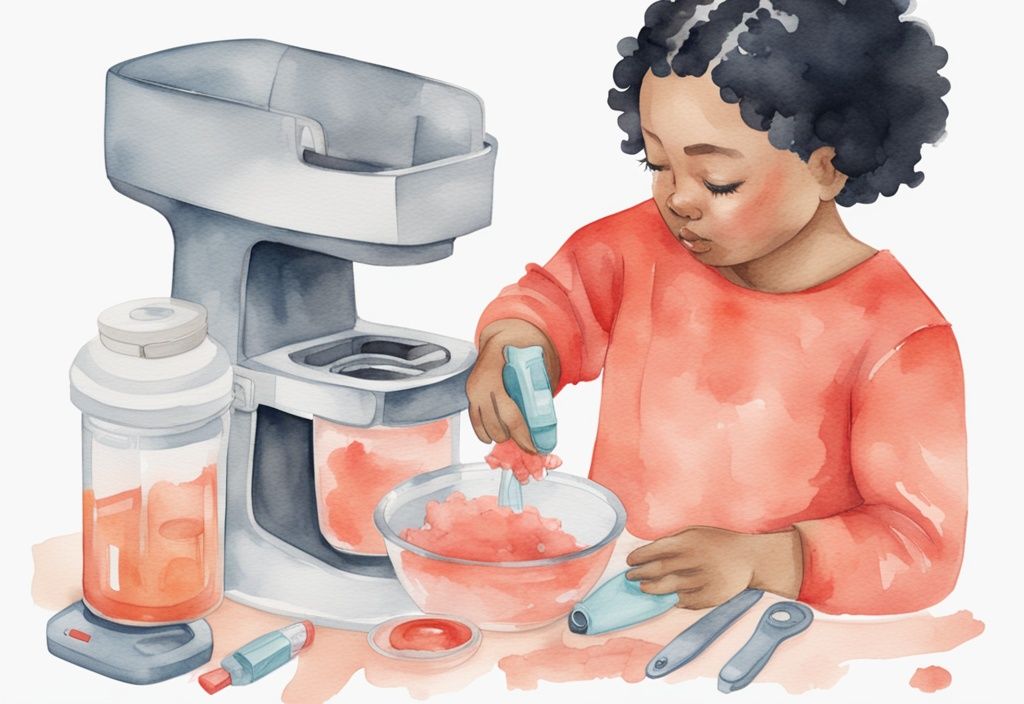 Modern watercolor illustration of a person disassembling a baby Brezza with cleaning tools and baby-safe agents, demonstrating how to clean a baby Brezza, set against a coral color theme.