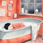 Modern watercolor illustration of how to break the cycle of an overtired baby, featuring a peacefully sleeping baby in a dimly lit room with an adult in the background using bedtime schedule charts, calming bath products, and a soft cuddly toy.