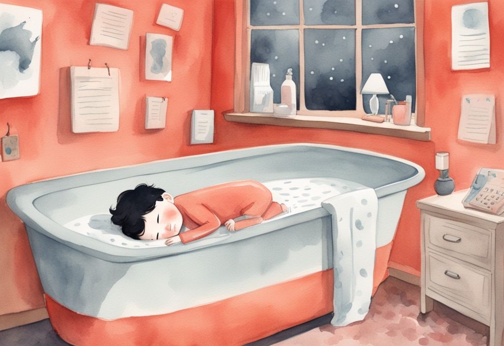 Modern watercolor illustration of how to break the cycle of an overtired baby, featuring a peacefully sleeping baby in a dimly lit room with an adult in the background using bedtime schedule charts, calming bath products, and a soft cuddly toy.