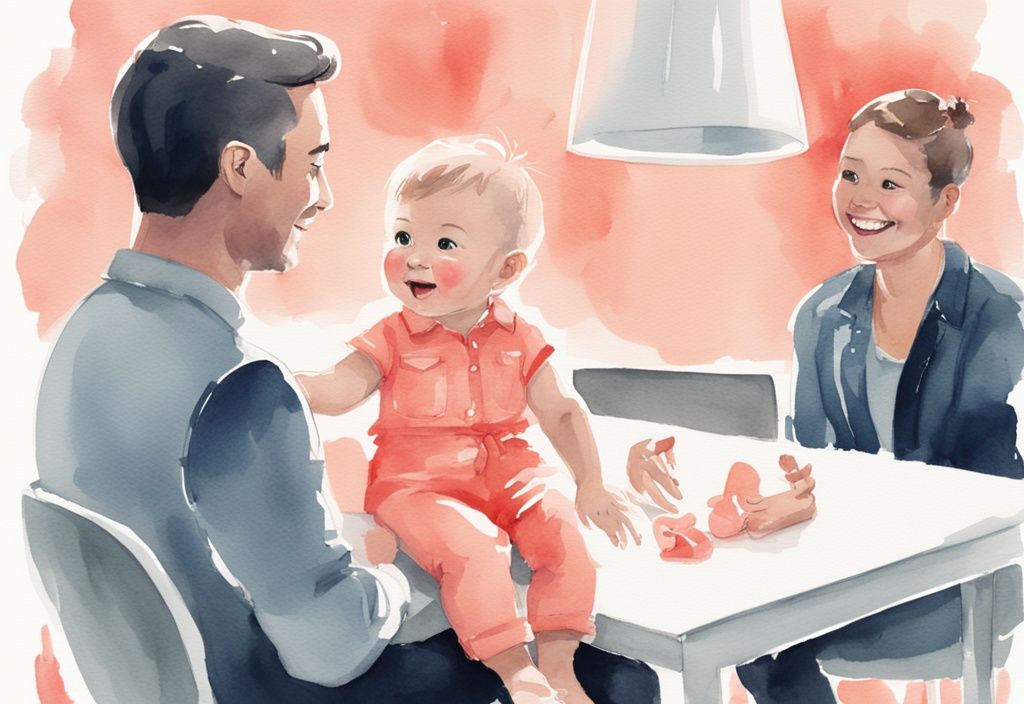 Coral-themed watercolor illustration of a cheerful baby in stylish clothes, with a parent and talent agent discussing in the background.