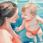 Modern watercolor illustration of a mother teaching her baby to swim in a clear blue pool, capturing a joyful moment, ideal for learning how to teach baby to swim.