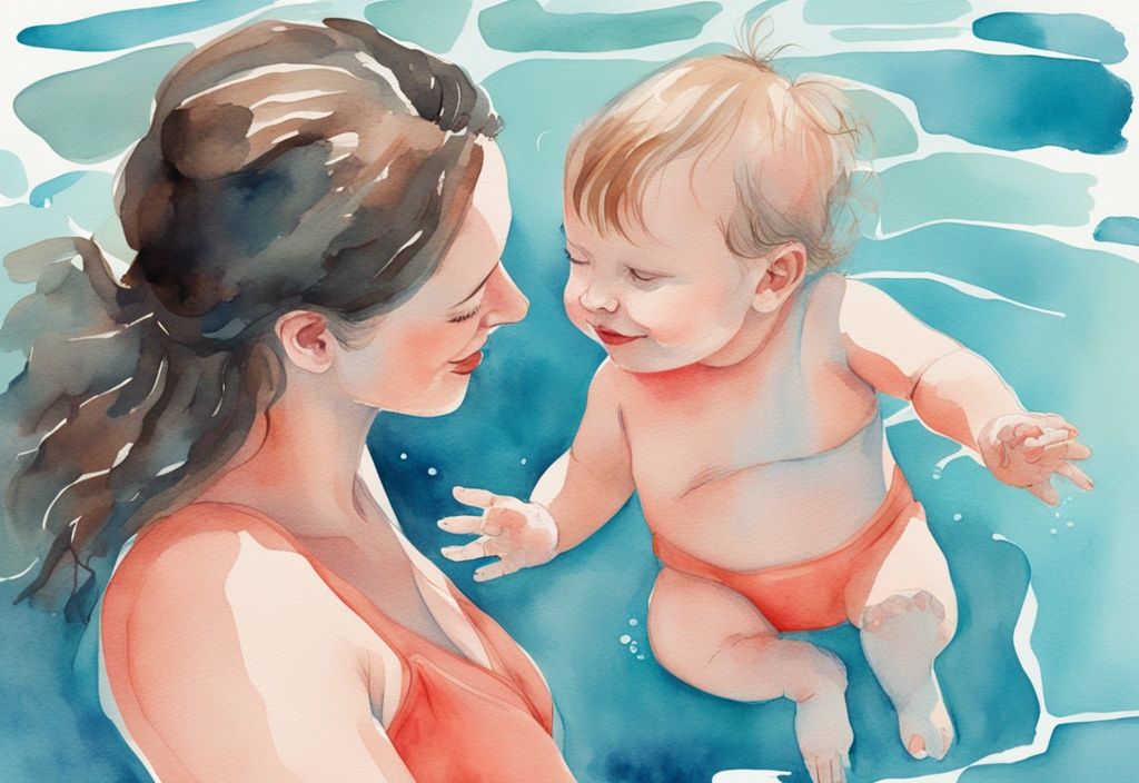 Modern watercolor illustration of a mother teaching her baby to swim in a clear blue pool, capturing a joyful moment, ideal for learning how to teach baby to swim.