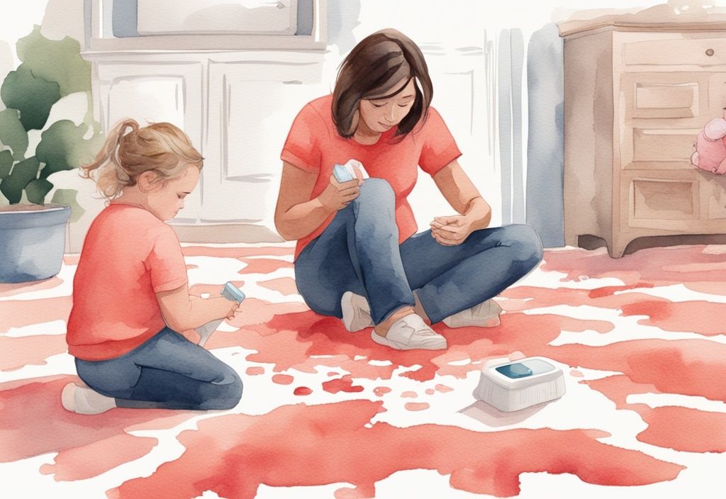 Modern watercolor illustration of a frustrated parent kneeling by a messy carpet, hopeful about a stain removal product, with a baby nearby, coral color theme.