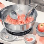 Modern watercolor illustration of how to steam apples for baby, featuring coral-themed kitchen scene with peeled apple pieces in a steel steamer basket over boiling water, alongside a baby's feeding bowl and spoon.