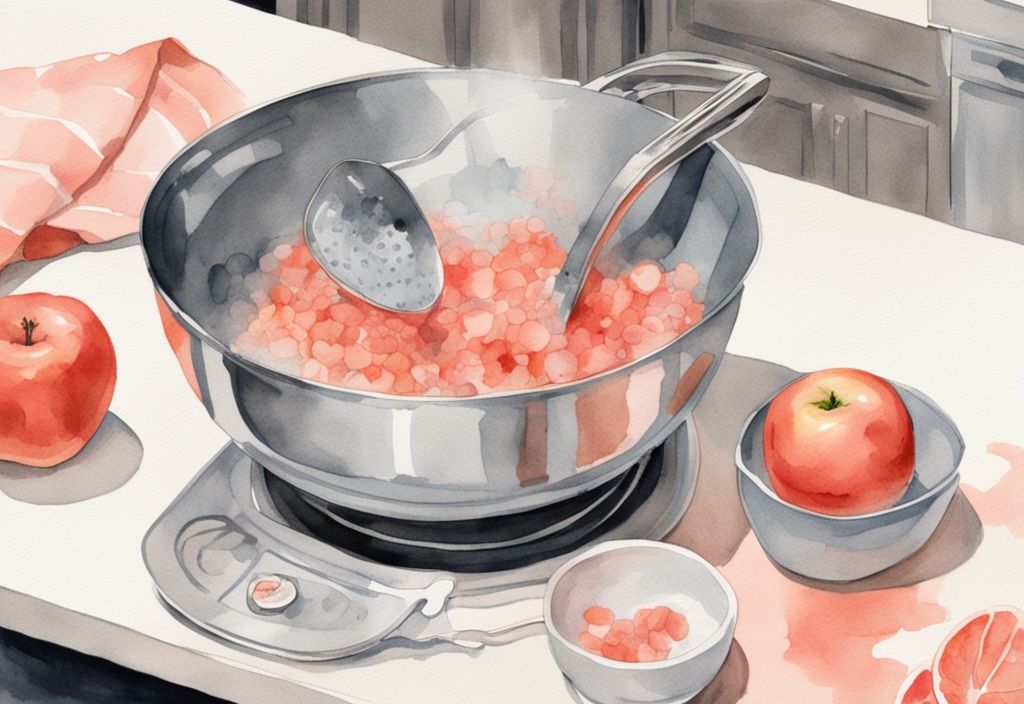 Modern watercolor illustration of how to steam apples for baby, featuring coral-themed kitchen scene with peeled apple pieces in a steel steamer basket over boiling water, alongside a baby's feeding bowl and spoon.