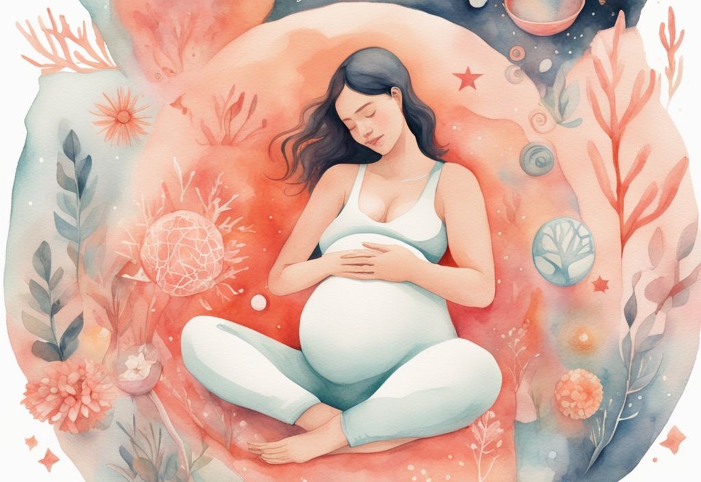 Modern watercolor illustration of a joyful pregnant woman in nature, touching her belly, surrounded by symbols of fertility like blooming flowers, stars, and a pastel baby, depicting how to manifest a baby.