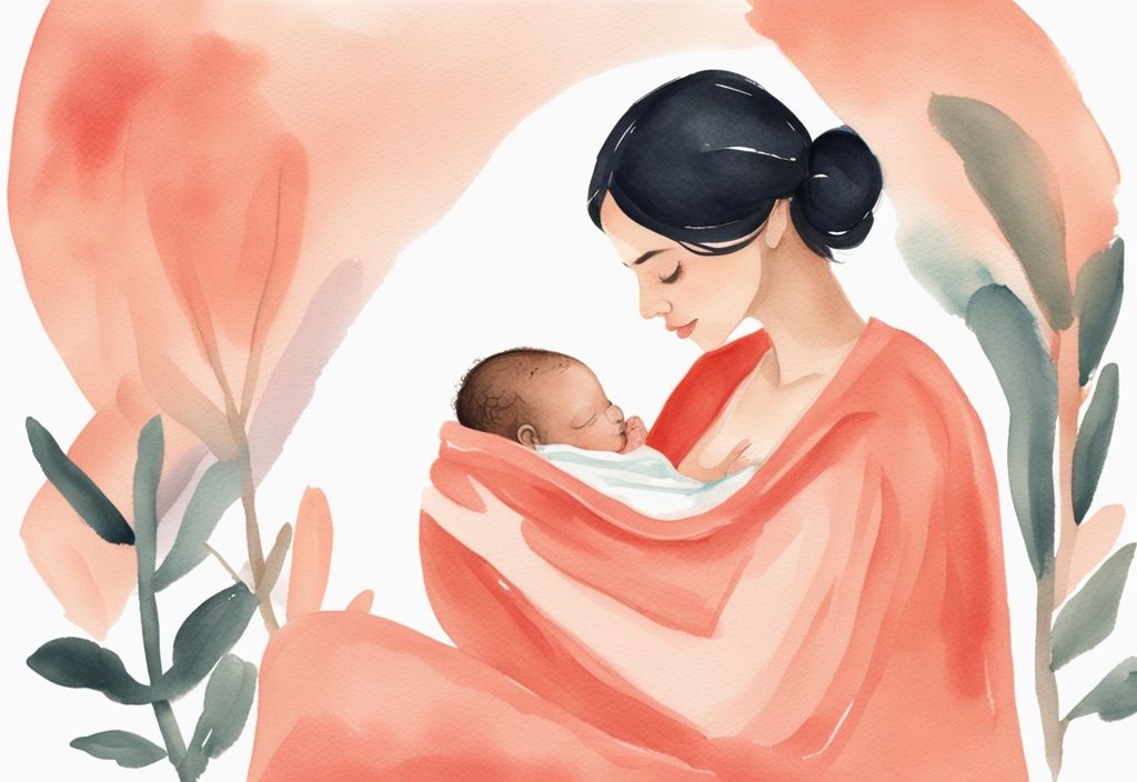 Modern watercolor illustration of a mother swaddling a newborn in a coral-themed pastel blanket, step-by-step process.