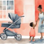 Modern watercolor illustration of a cheerful baby sitting comfortably in a stroller, with a parent highlighting features, related to the topic "when can babies sit in stroller.