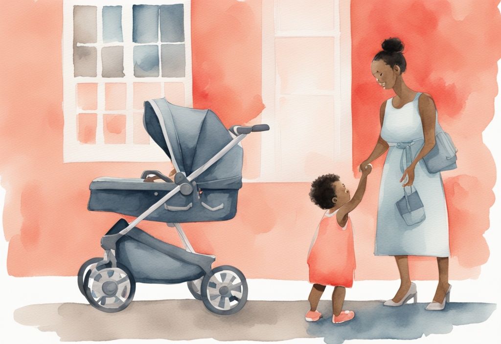 Modern watercolor illustration of a cheerful baby sitting comfortably in a stroller, with a parent highlighting features, related to the topic "when can babies sit in stroller.