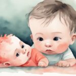 Modern watercolor illustration of a frowning baby during tummy time, with a concerned parent nearby, highlighting the theme 'why does my baby hate tummy time' in coral colors.