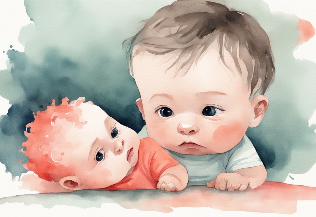 Modern watercolor illustration of a frowning baby during tummy time, with a concerned parent nearby, highlighting the theme 'why does my baby hate tummy time' in coral colors.