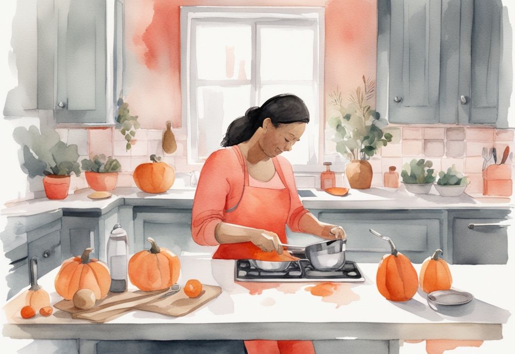 Modern watercolor illustration of a parent in a kitchen preparing butternut squash, featuring coral tones, baby-friendly utensils, and a highchair in the background.