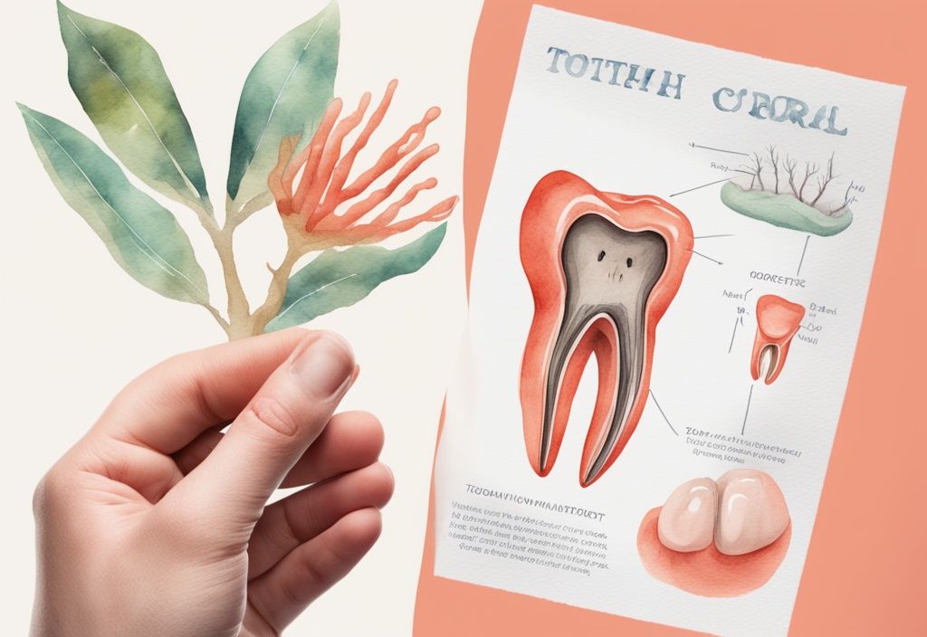 Modern watercolor illustration of a hand holding a baby tooth with roots, alongside a schematic diagram of baby teeth with and without roots, coral color theme.