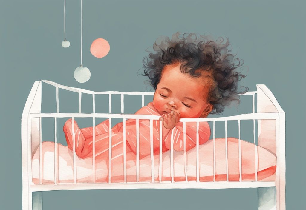 Modern watercolor illustration of a baby in a crib pulling at their hair, preparing to sleep, with a coral color theme.