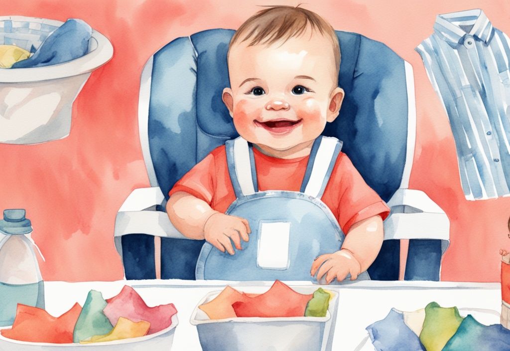 Modern watercolor illustration of a smiling baby in a high chair with colorful bibs in coral theme.