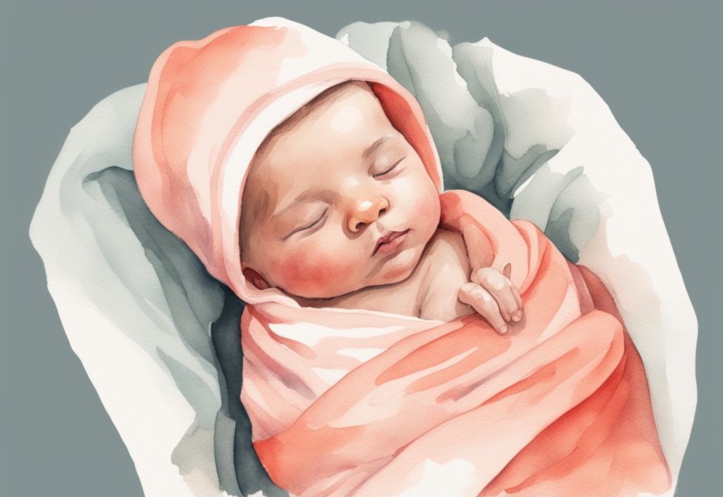 Modern watercolor illustration of a newborn baby in coral-themed swaddle with light cotton onesie.