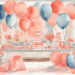 Modern watercolor illustration of a coral-themed baby shower room with price tags on items like balloons, cake, gifts, and decorations, exploring how much is a baby shower.