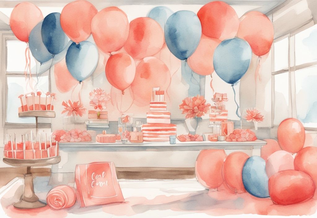 Modern watercolor illustration of a coral-themed baby shower room with price tags on items like balloons, cake, gifts, and decorations, exploring how much is a baby shower.