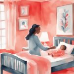 Modern watercolor illustration of a caregiver turning off a red night light in a serene baby room, highlighting when to stop using red light for baby.