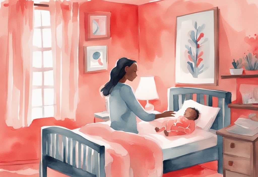 Modern watercolor illustration of a caregiver turning off a red night light in a serene baby room, highlighting when to stop using red light for baby.