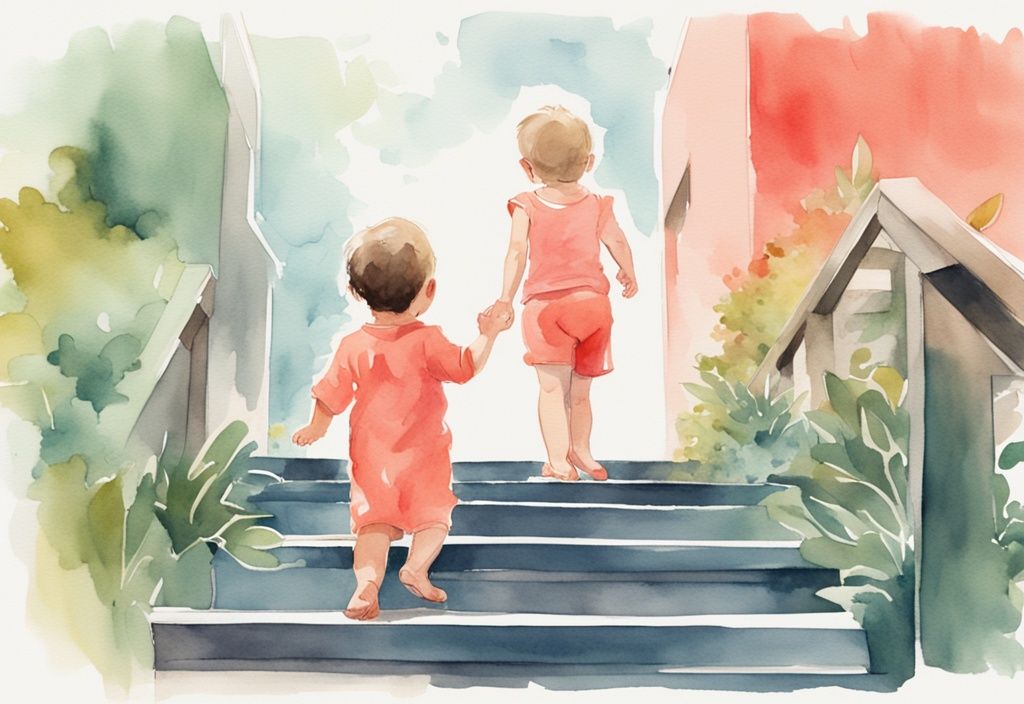 Modern watercolor illustration of a cheerful baby climbing stairs with a watchful parent, coral color theme.