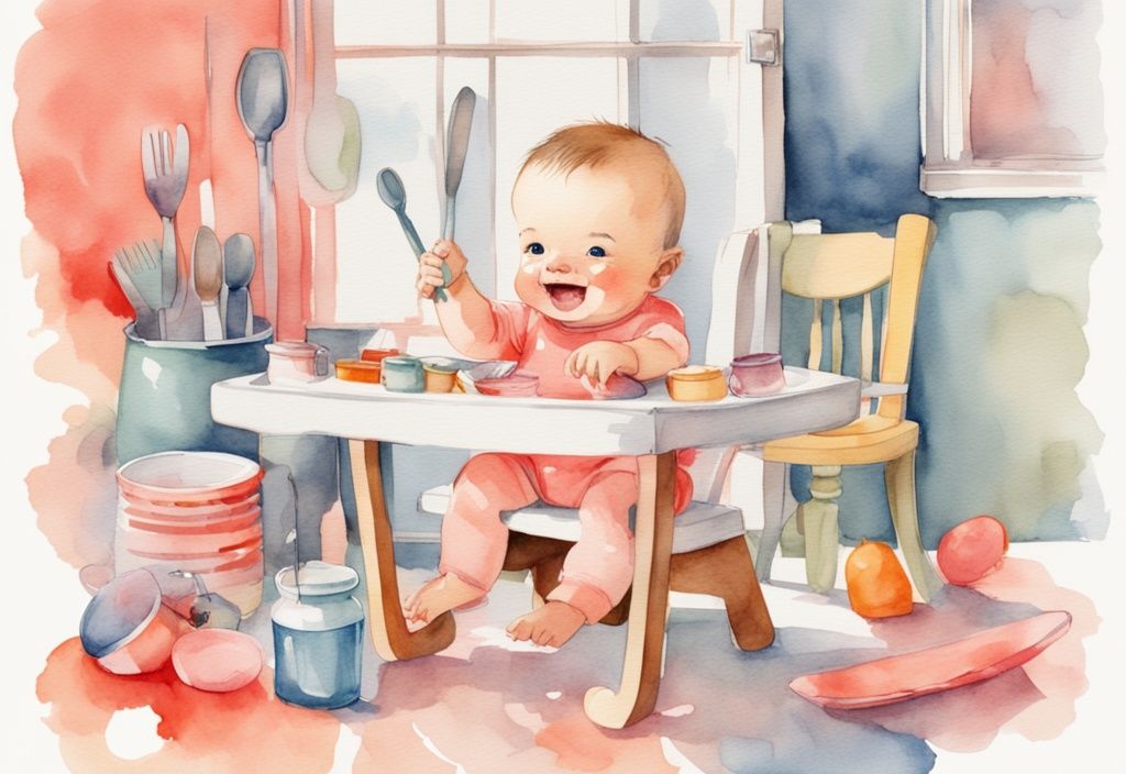 Modern watercolor illustration of a joyful baby sitting securely in a high chair, surrounded by colorful utensils and toys, with an adult hand guiding them, depicting the theme "when can a baby sit in a high chair" in a coral color palette.