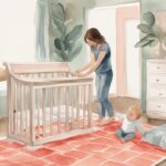 Modern watercolor illustration of a parent adjusting baby crib mattress height, with a curious baby on a floor mat, highlighting when to lower baby crib.