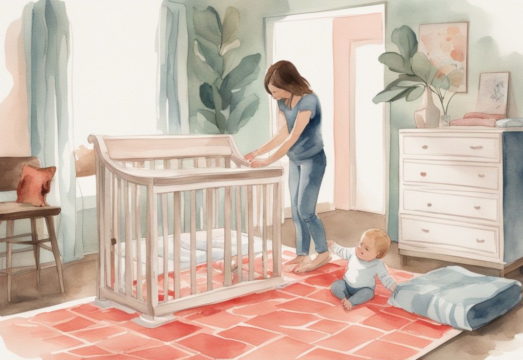 Modern watercolor illustration of a parent adjusting baby crib mattress height, with a curious baby on a floor mat, highlighting when to lower baby crib.