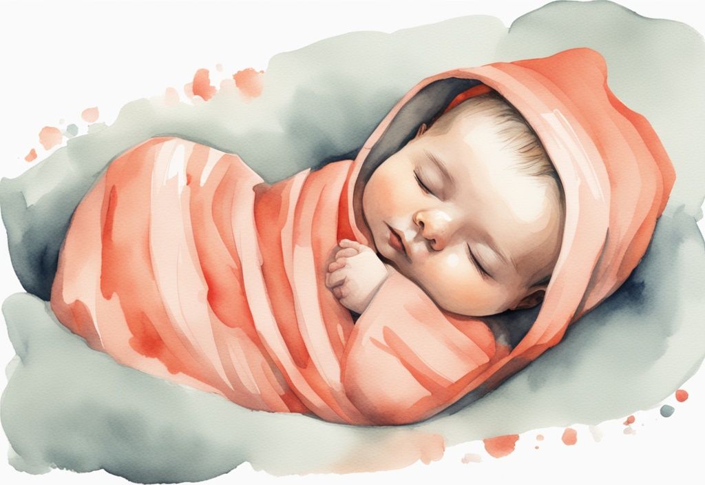 Modern watercolor illustration of a peacefully sleeping baby in a lightweight onesie wrapped in a coral-themed swaddle blanket, highlighting what should baby wear under swaddle.