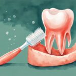 Modern watercolor illustration of a baby tooth with roots next to a toothbrush, subtly highlighting its recent detachment, answering the question: do baby teeth have roots when they fall out, with a soothing coral color theme.