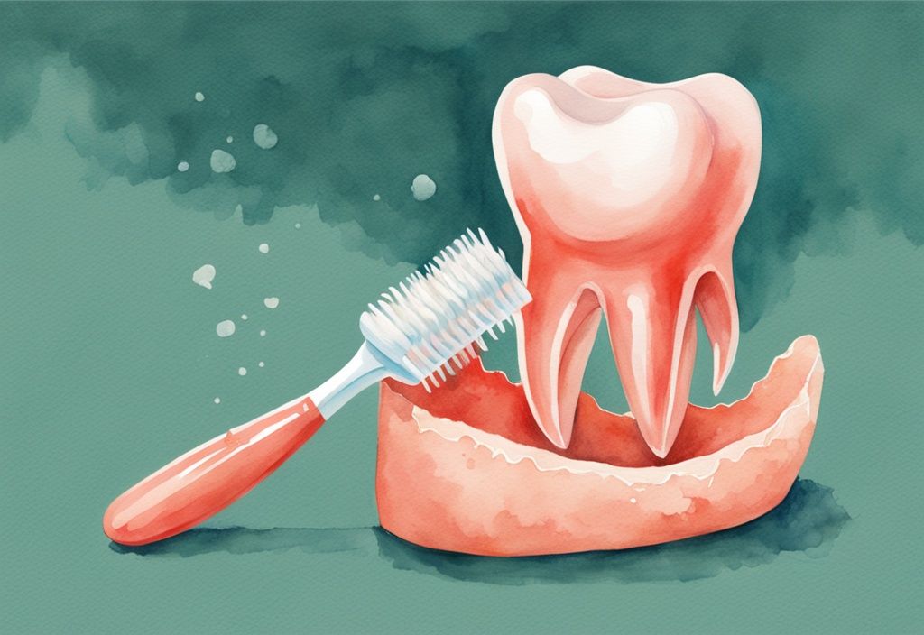 Modern watercolor illustration of a baby tooth with roots next to a toothbrush, subtly highlighting its recent detachment, answering the question: do baby teeth have roots when they fall out, with a soothing coral color theme.