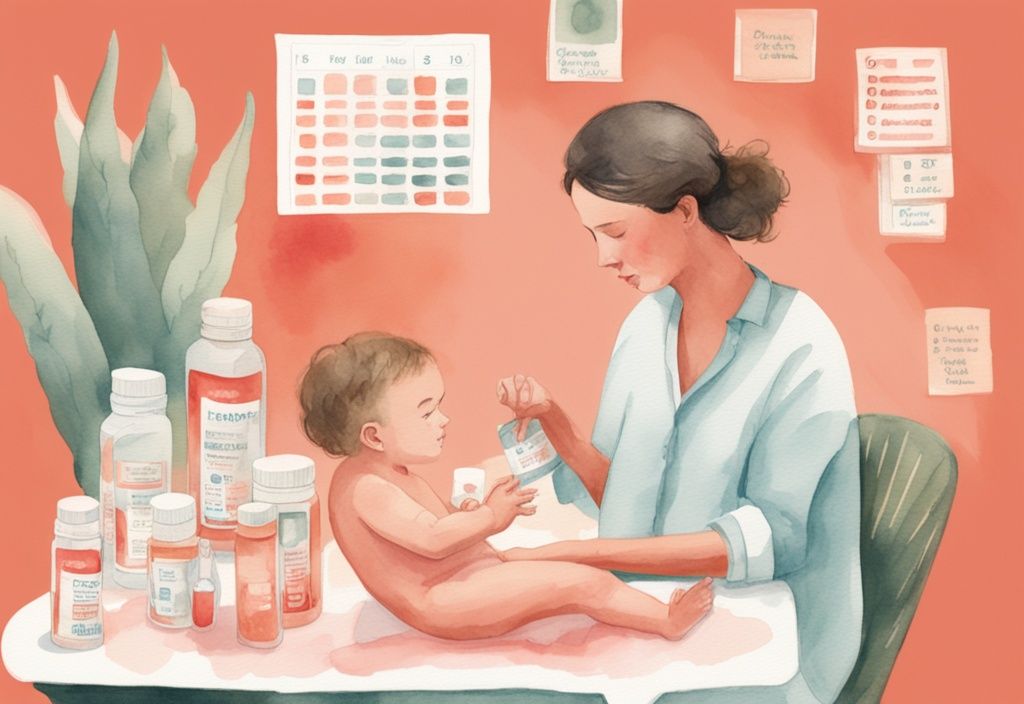 Modern watercolor illustration of a parent administering Tylenol and Motrin to a baby, featuring coral color theme, with medicaments and schedule chart, demonstrating how to alternate Tylenol and Motrin for baby.