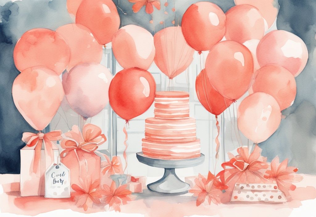 Modern watercolor illustration of a coral-themed baby shower room with price tags on balloons, cake, gifts, and decorations, exploring how much is a baby shower.