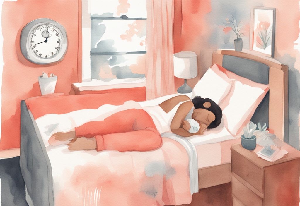 Modern watercolor illustration of a serene bedroom with a parent rocking a sleeping baby, featuring a stopwatch at 40 seconds; how to put a baby to sleep in 40 seconds.