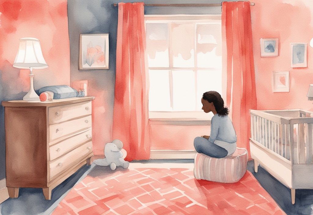 Modern watercolor illustration of a parent turning off a red nightlight in a baby's room, coral color theme.