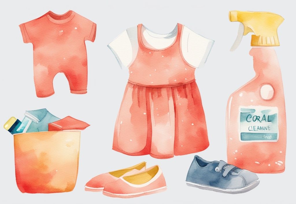 Modern watercolor illustration featuring coral-themed baby clothes with visibly reduced yellow stains in a before and after comparison, alongside cleaning products demonstrating how to get yellow stains out of baby clothes.