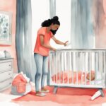 Modern watercolor illustration of a confused parent with diaper and wipes next to a crib, pondering what to do if baby poops while sleeping, with a coral color theme.