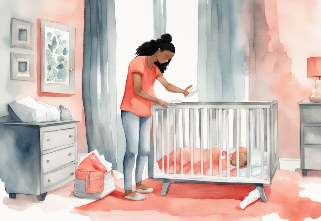 Modern watercolor illustration of a confused parent with diaper and wipes next to a crib, pondering what to do if baby poops while sleeping, with a coral color theme.