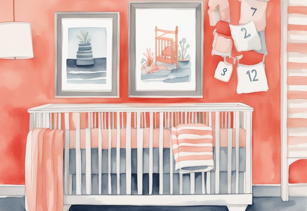 Modern watercolor illustration of a nursery room with coral theme, showcasing stacks of baby blankets on the crib.