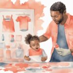 Modern watercolor illustration of a distressed parent holding a stained baby outfit and stain removal product, reading a guide on how to get poop stains out of baby clothes, with a coral color theme.