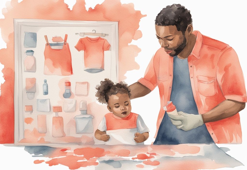 Modern watercolor illustration of a distressed parent holding a stained baby outfit and stain removal product, reading a guide on how to get poop stains out of baby clothes, with a coral color theme.