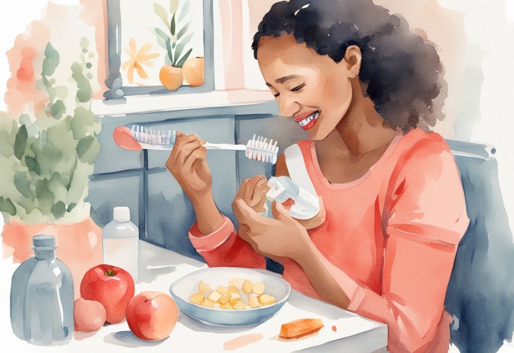 Modern watercolor illustration of a mother brushing baby's teeth with toddler toothbrush, featuring coral color theme and natural dental health foods like apples and cheese in background.