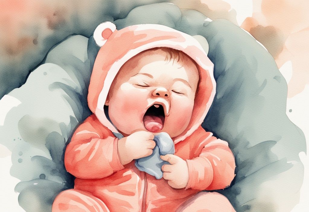 Modern watercolor illustration of a chubby baby in a coral-themed onesie, yawning and rubbing eyes, perfect for sleep-themed content.