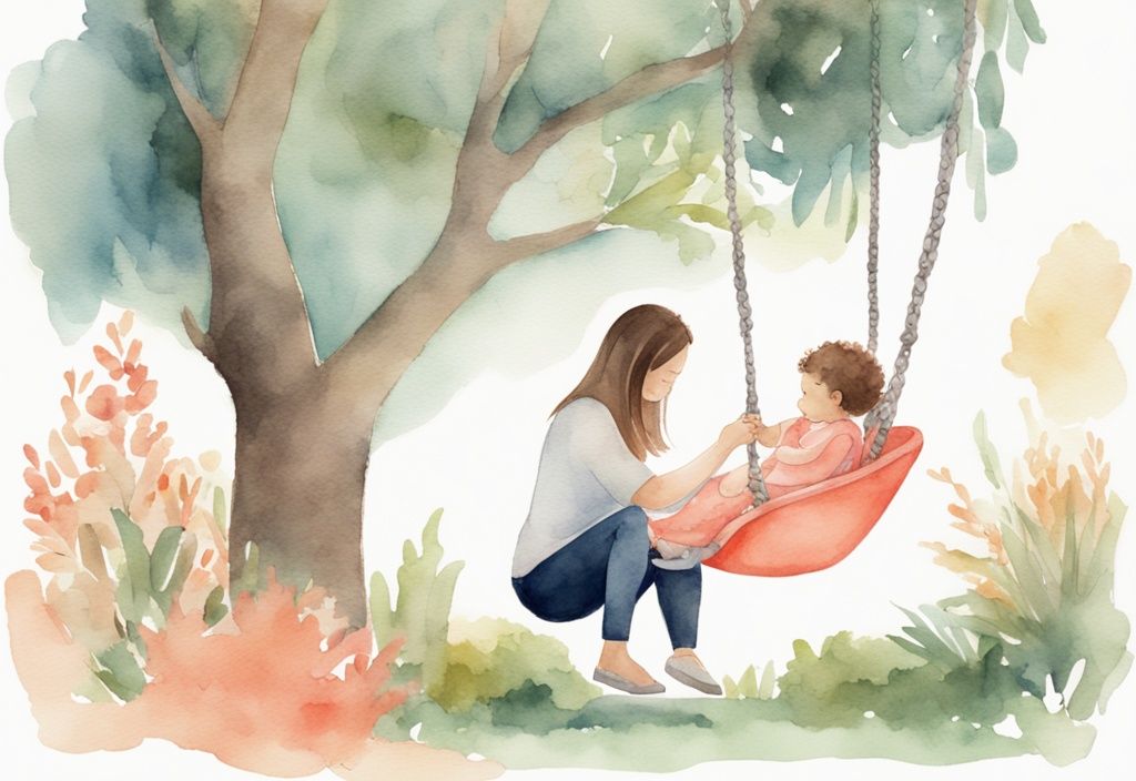 Modern watercolor illustration of a parent placing baby in a coral-themed park swing for the first time.