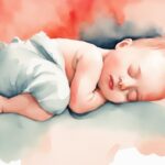 Modern watercolor illustration of a baby sleeping in a "butt in the air" position, side view, highlighting the theme "why does my baby sleep with his butt in the air" with coral colors.